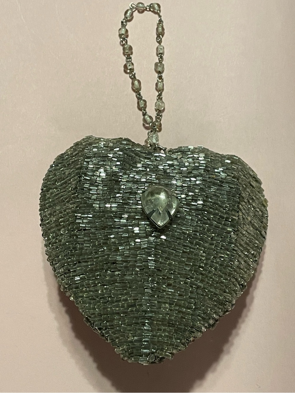 Vintage Glass 3D Rhinestone Bead Heart Ornament Large Decoration #0725